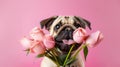 Cute funny dog with flowers. Illustration AI Generative Royalty Free Stock Photo