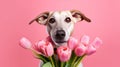 Cute funny dog with flowers. Illustration AI Generative Royalty Free Stock Photo