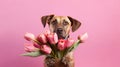 Cute funny dog with flowers. Illustration AI Generative Royalty Free Stock Photo