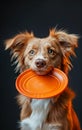 A cute and funny dog holding a frisbee in his mouth