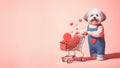 Cute funny dog holding a Shopping cart with heart inside. Valentines day concept Royalty Free Stock Photo