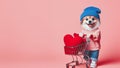 Cute funny dog holding a Shopping cart with heart inside. Valentines day concept Royalty Free Stock Photo