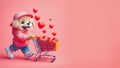 Cute funny dog holding a Shopping cart with heart inside. Valentines day concept Royalty Free Stock Photo