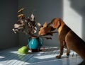 Cute funny dog at table in kitchen, dachshund looking for food funny kawai puppy Royalty Free Stock Photo