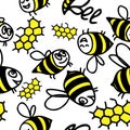 Cute funny doodle bees seamless pattern. Stock illustration isolated on white background. For wallpaper, web page lights