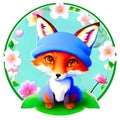 Cute and funny drawn fox in cartoon style with flowers.