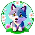 Cute and funny drawn gray wolf cub in cartoon style with flowers. Royalty Free Stock Photo