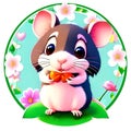 Cute and funny drawn mouse in cartoon style with flowers.