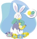 cute funny easter illustration, rabbit, eggs, chicken, flowers, amusing story, tender color