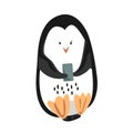 Cute funny emperor penguin with mobile phone isolated on white background. Vector illustration