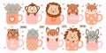 Cute funny animals sitting inside cups showing love emotion and adoration isolated kawaii set