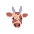 Cute funny face of baby cow with adorable eyes. Head portrait of amusing bull calf in doodle style. Lovely muzzle of