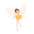 Cute funny fairy or flying elf in elegant dress with butterfly wings isolated on white background. Mythological creature