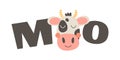 Cute funny farm animal for kids. Nursery print head cartoon cow. Text moo. Black, white and pink Royalty Free Stock Photo