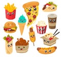 Cute and funny fast food character set, flat vector illustration. Happy snack food with human faces.