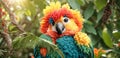 Cute funny fauna parrot colorful leaves, flowers fantasy character exotic