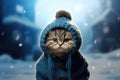 Cute funny fluffy cat sitting in blue warm knitted hat and sweater on blurred snowy winter background. Royalty Free Stock Photo