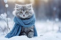 Cute funny fluffy kitten sitting in blue warm knitted scarf on blurred snowy winter background.