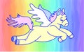 Cute funny flying pony with wings above rainbow