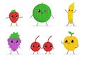 Cute funny food characters set isolated on white background. Fruits and berries collection. Healthy food. Strawberry, banana, Royalty Free Stock Photo