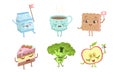 Cute Funny Food Characters Set, Milk Packaging, Cup of Tea, Cookie, Cake, Broccoli, Apple Vector Illustration