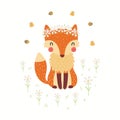 Cute funny fox in daisy crown, bees, flowers Royalty Free Stock Photo