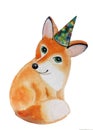 Fluffy Fox sitting smiling in the hat birthday