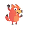 Cute funny fox mascot waving hand and get excited. Vector illustration isolated.
