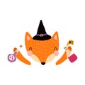 Cute funny fox in witch hat, Halloween costume character illustration. Royalty Free Stock Photo