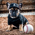 Cute funny French bulldog puppy in a black baseball cap and a black T-shirt