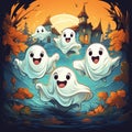 Cute funny friendly ghosts fly over the old town on Halloween night Royalty Free Stock Photo