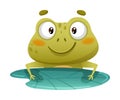 Cute funny frog floating in green leaf. Funny toad cartoon character sitting on lotus leaf in pond vector illustration Royalty Free Stock Photo