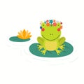 Cute funny frog in flower wreath sitting on leaf Royalty Free Stock Photo