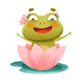 Cute funny frog. Green adorable toad character sitting on lotus flower in pond cartoon vector illustration Royalty Free Stock Photo