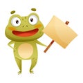Cute funny frog holding wooden sign board. Green toad cartoon character with empty banner vector illustration Royalty Free Stock Photo