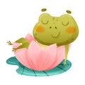 Cute funny frog sleeping in pink lotus flower. Green adorable toad cartoon character vector illustration Royalty Free Stock Photo