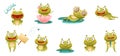 Cute funny frogs in everyday activities set. Green toads cartoon characters vector illustration Royalty Free Stock Photo