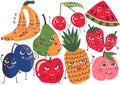 Cute Funny Fruits with Smiling Faces Set, Banana, Pear, Plum, Apple, Cherry, Watermelon, Strawberry, Pineapple, Peach