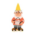Cute and funny garden gnome or dwarf in glasses holding watering can. Hand-drawn fairytale character with beard. Colored