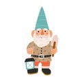 Cute and funny garden gnome or dwarf holding lantern and trowel. Hand-drawn fairytale character with curly beard and