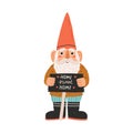 Cute and funny garden gnome or dwarf in red hat holding slate board with Home Sweet Home inscription. Fairytale