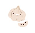 Cute funny garlic head and clove. Happy vegetable character, smiling face expression, emotion. Comic kawaii food, spicy