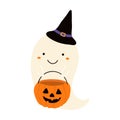 Cute funny ghost in hat with candy Halloween character illustration. Royalty Free Stock Photo