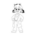 A cute and funny girl is dressed in clothes similar to what doctors wear. Childrens coloring page.