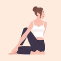 Cute funny girl in Matsyendrasana posture. Female cartoon character performing yoga, fitness or gymnastics exercise