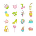 Cute funny Girl teenager colored icon set, fashion cute teen and princess icons. Magic fun cute girls objects - unicorn