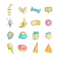 Cute funny Girl teenager colored icon set, fashion cute teen and princess icons. Magic fun cute girls objects - bows