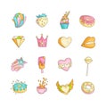 Cute funny Girl teenager colored icon set, fashion cute teen and princess icons. Magic fun cute girls objects - cupcakes