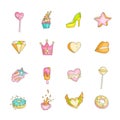 Cute funny Girl teenager colored icon set, fashion cute teen and princess icons. Magic fun cute girls objects - star