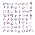 Cute funny Girl teenager colored icon set, fashion cute teen and princess icons - pizza, unicorn, cat, lollypop, fruits